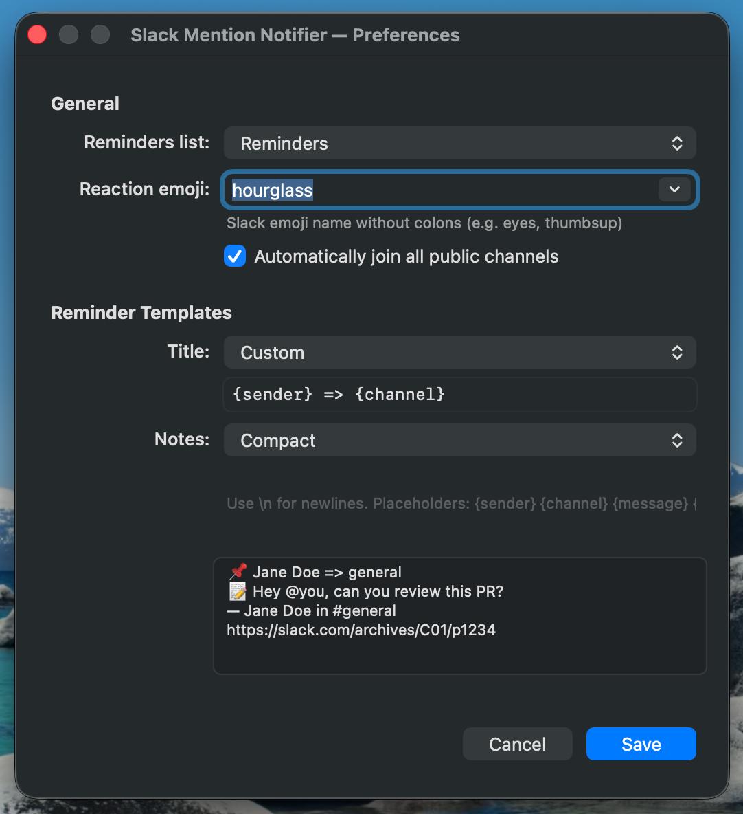 Preferences window showing emoji picker, reminder templates, and live preview